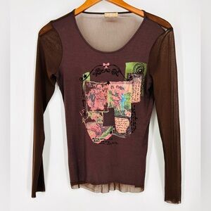 Retro Y2K Forever 21 Mesh Brown Western Ladies Pink Bow Graphic Long Sleeve Top